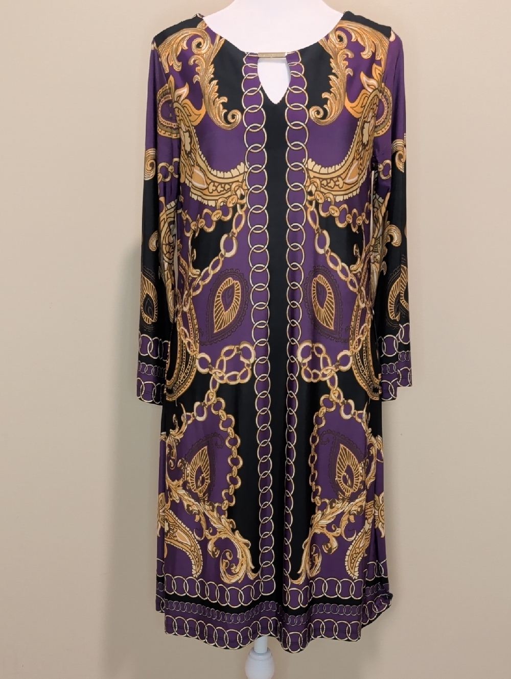 Blooming Rose Baroque Chain Purple & Black Long-Sleeve Midi Dress